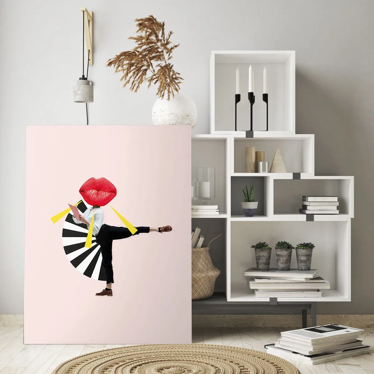 Quadro su vetro - Una composizione pop art surreale che raffigura un personaggio con una grande bocca su uno sfondo rosa. - 50x70cm - Pop-art surrealistica - Decorazione murale moderna per soggiorno e camera da letto ARTTOR