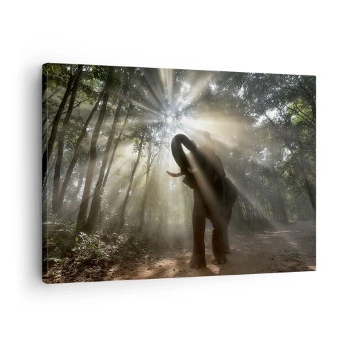 Quadro su tela - Stampe su Tela - Un elefante nella foresta circondato da raggi di luce nella nebbia mattutina - 70x50cm - Sotto una stella fortunata - Decorazione murale moderna per soggiorno e camera da letto ARTTOR