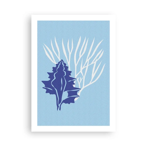 Poster - Grafica nautica di conchiglie e coralli su sfondo blu - 50x70cm - Forme fogliose - Decorazione murale moderna per soggiorno e camera da letto ARTTOR