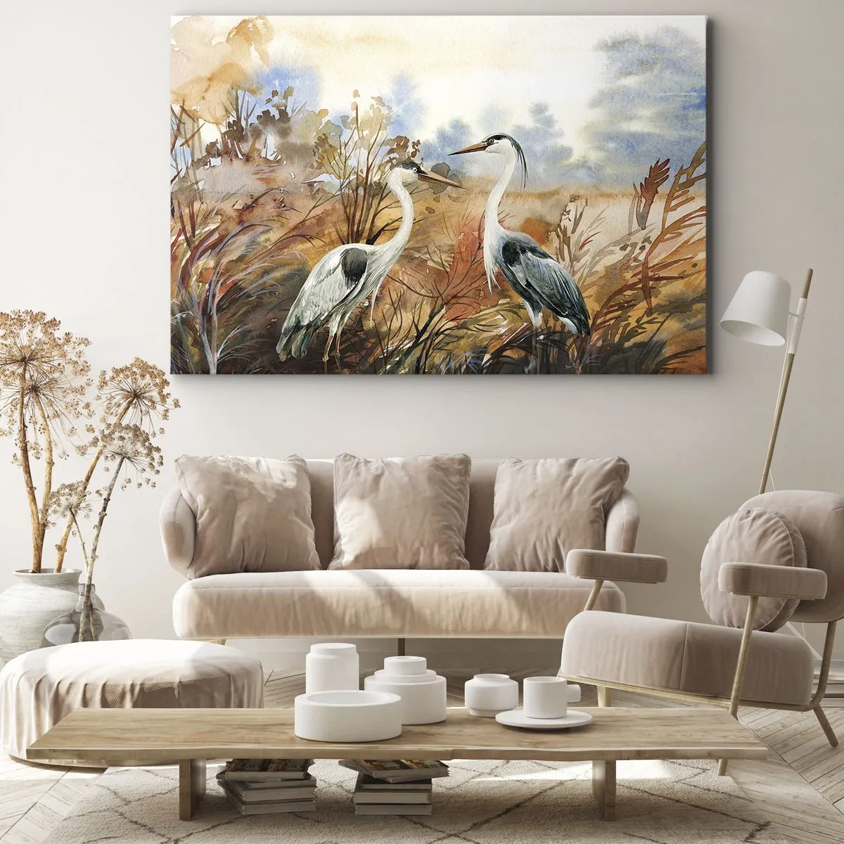 Quadro su tela - Stampe su Tela - Due aironi sullo sfondo di un paesaggio autunnale - 120x80cm - Dove in autunno? - Decorazione murale moderna per soggiorno e camera da letto ARTTOR