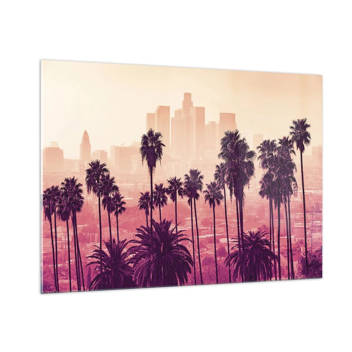 Quadro su vetro - Palme sullo sfondo dello skyline della città nei toni caldi del tramonto - 100x70cm - Paesaggio della California - Decorazione murale moderna per soggiorno e camera da letto ARTTOR