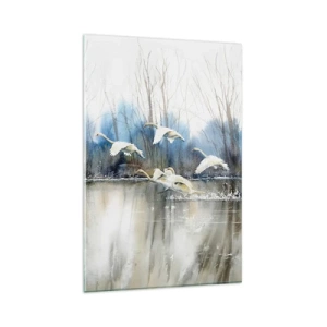 Quadro su vetro - Cigni in volo sopra un lago ghiacciato in un paesaggio invernale - 80x120cm - Come la favola dei cigni selvatici - Decorazione murale moderna per soggiorno e camera da letto ARTTOR
