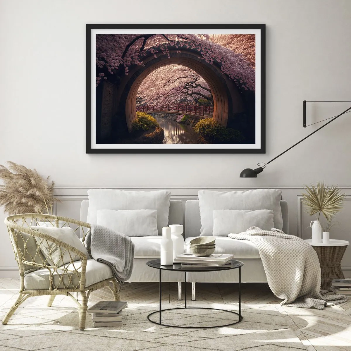 Poster in cornice nera - Un ponte tradizionale giapponese circondato da fiori di ciliegio - 100x70cm - Primavera giapponese - Decorazione murale moderna per soggiorno e camera da letto ARTTOR