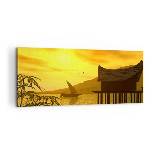 Quadro su tela - Stampe su Tela - Tramonto tropicale sull'acqua con casa in legno su palafitte. - 120x50cm - Calma desiderata - Decorazione murale moderna per soggiorno e camera da letto ARTTOR