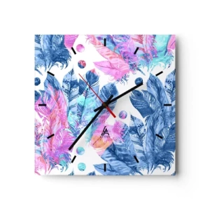 Orologio da parete - Orologio in Vetro - Motivo astratto con piume colorate in tonalità pastello - 30x30cm - Pennacchi in rosa e blu - Decorazione murale moderna per soggiorno e camera da letto ARTTOR