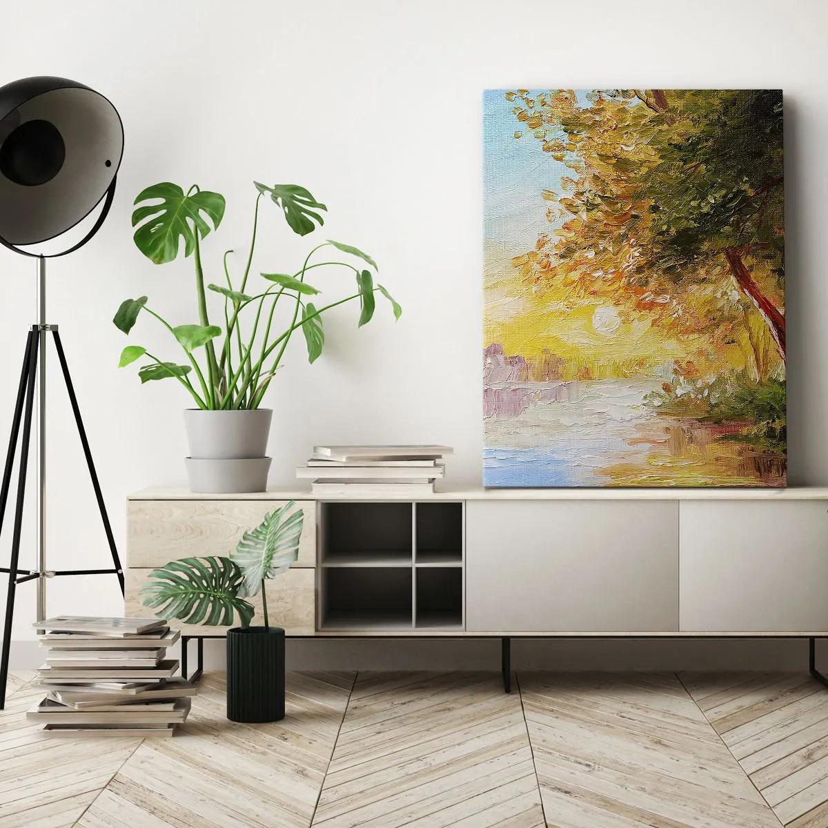 Quadro su tela - Stampe su Tela - Un paesaggio pittoresco con un fiume e alberi al tramonto - 50x70cm - Et in Arcadia ego - Decorazione murale moderna per soggiorno e camera da letto ARTTOR