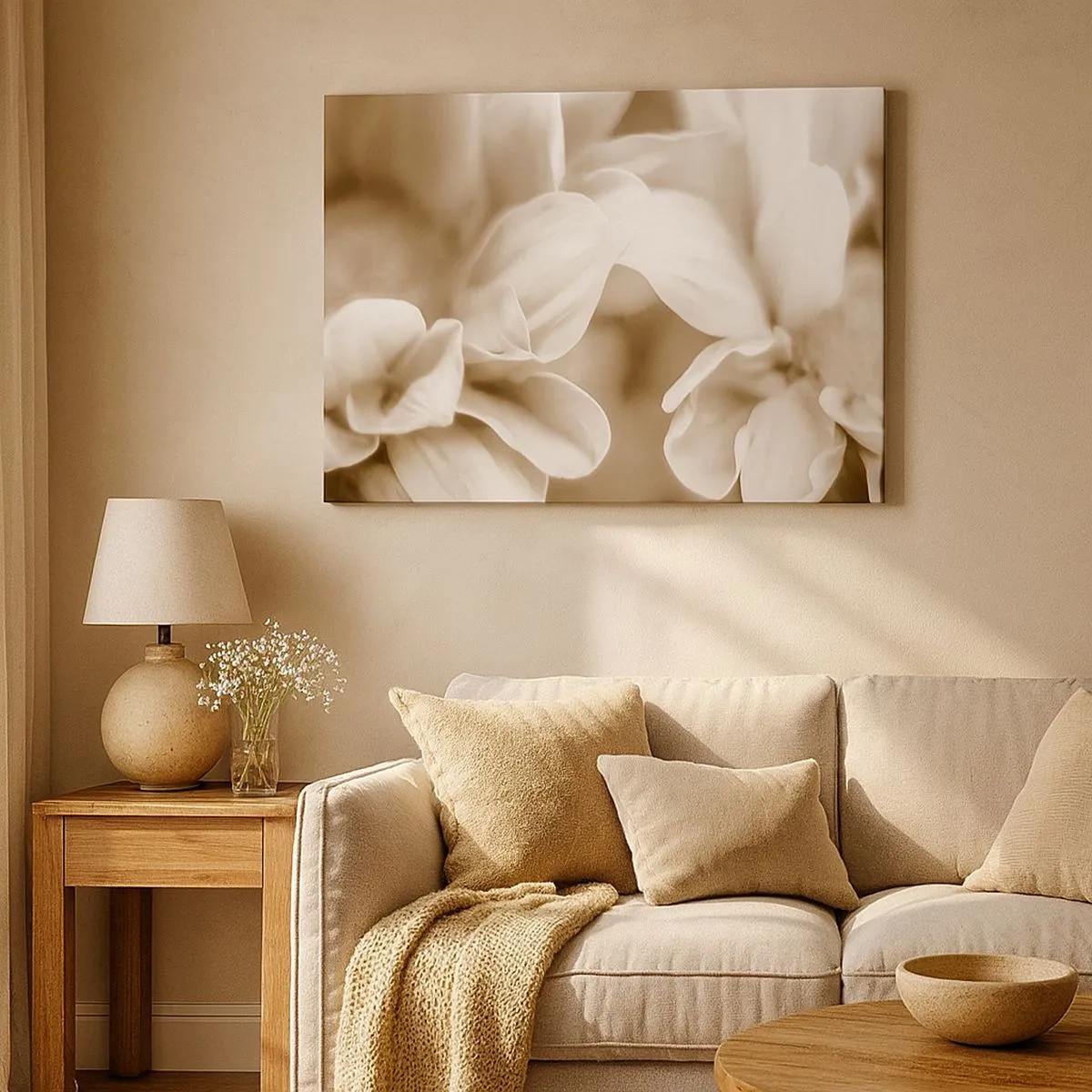 Quadro su tela - Stampe su Tela - Primo piano di fiori in una delicata tonalità seppia con contorni morbidi - 70x50cm - Mite come un sorriso - Decorazione murale moderna per soggiorno e camera da letto ARTTOR