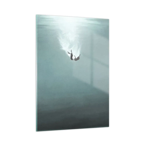 Quadro su vetro - La sagoma di un uomo immerso nelle profondità blu dell'oceano - 50x70cm - Nell'abbraccio dell'oceano - Decorazione murale moderna per soggiorno e camera da letto ARTTOR