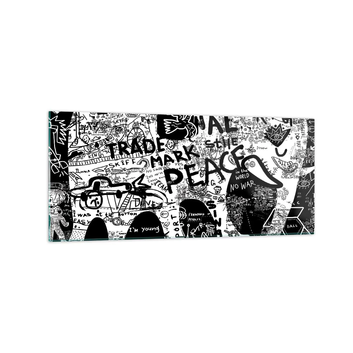 Quadro su vetro - Grafica in bianco e nero con motivi graffiti - 120x50cm - Il ricco mondo della strada - Decorazione murale moderna per soggiorno e camera da letto ARTTOR