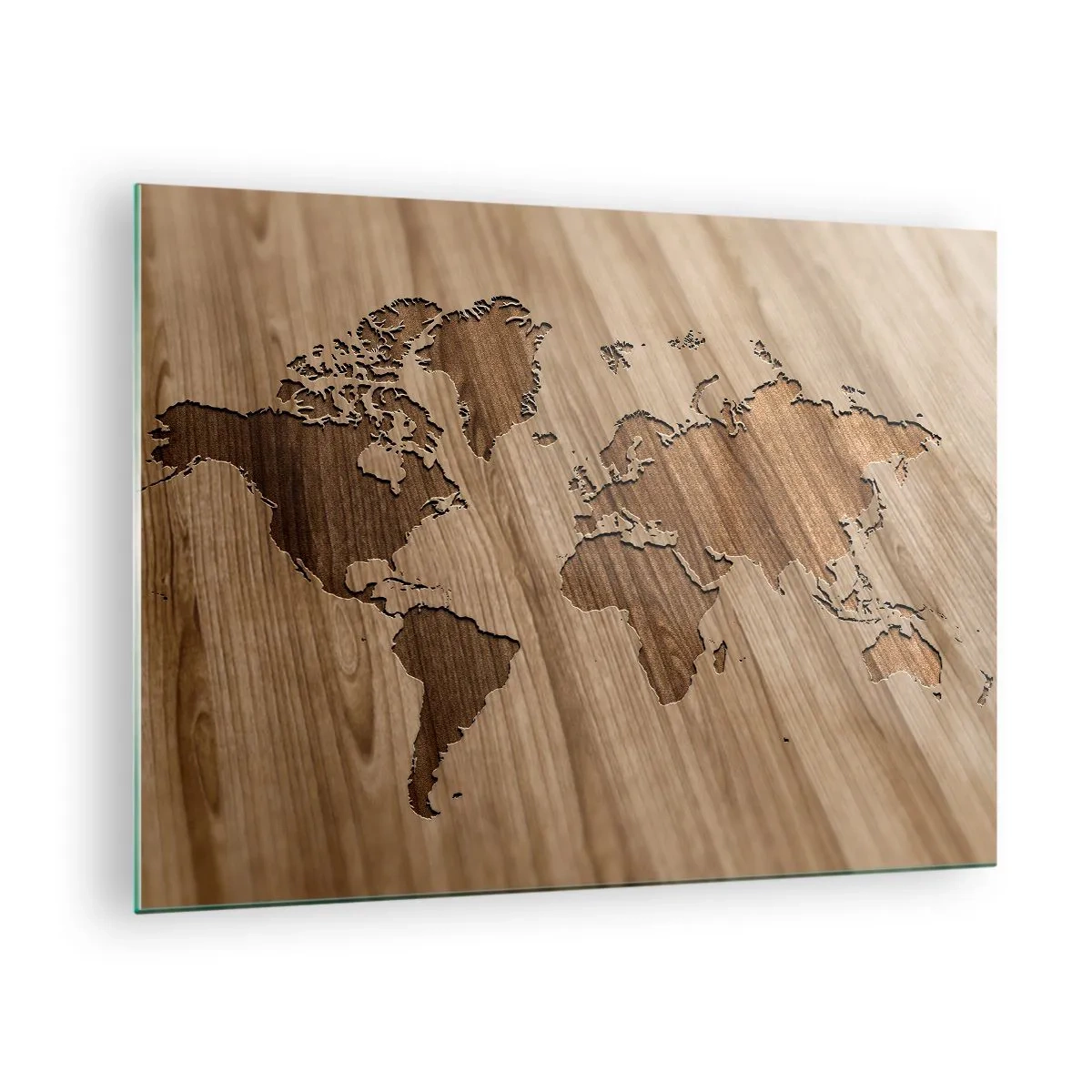 Quadro su vetro - Una mappa del mondo incisa su una superficie di legno - 70x50cm - Il mondo servito a tavola - Decorazione murale moderna per soggiorno e camera da letto ARTTOR