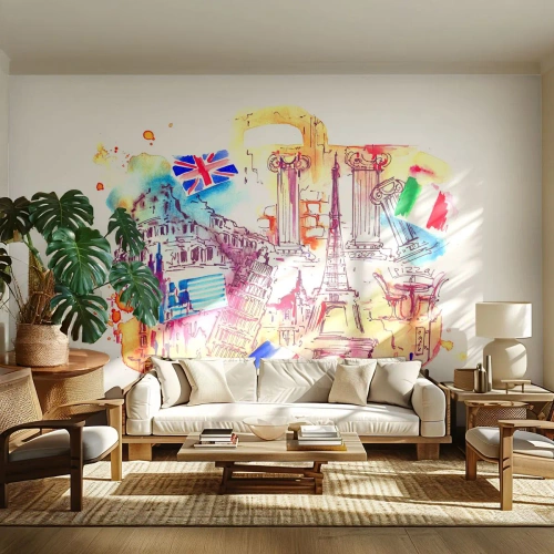 Fotomurali Standard Eco - Simboli europei in una composizione ad acquerello - 100x70cm - Tournée europea - Decorazione murale moderna per soggiorno e camera da letto ARTTOR