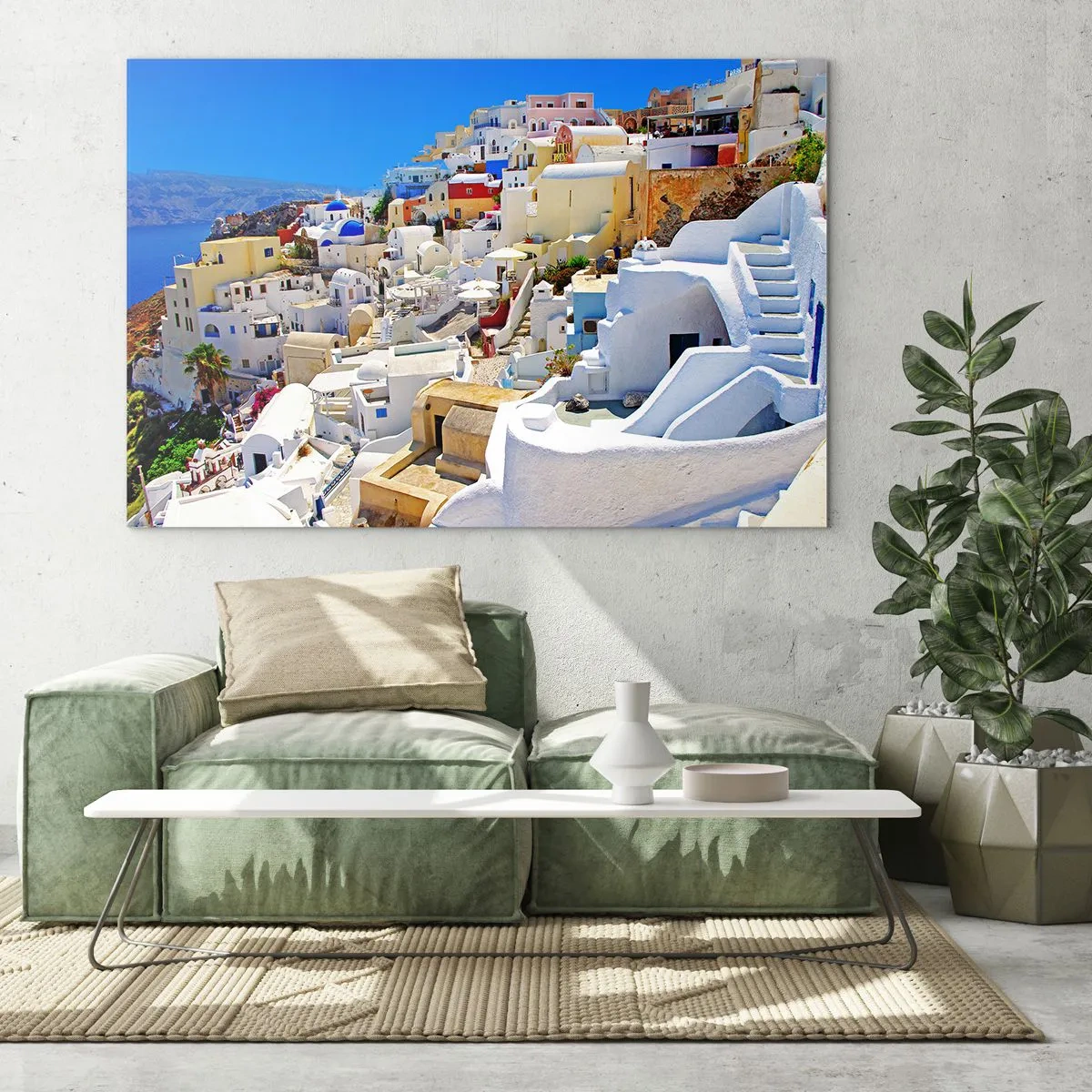 Quadro su vetro - Santorini con case bianche contro un cielo blu - 100x70cm - Sogno di un'estate greca - Decorazione murale moderna per soggiorno e camera da letto ARTTOR