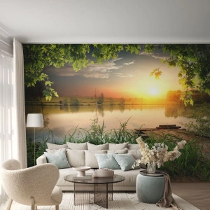 Fotomurali Premium Canvas - Paesaggio verde con un lago al tramonto - 100x70cm - Paesaggio incorniciato di verde - Decorazione murale moderna per soggiorno e camera da letto ARTTOR