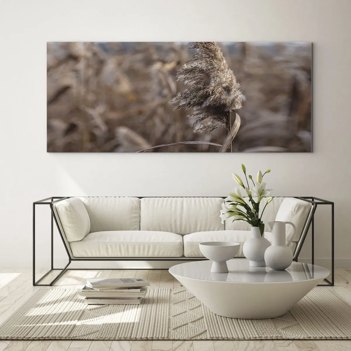 Quadro su vetro - Delicate erbe nelle tonalità del beige sullo sfondo della natura - 120x50cm - è tempo di volare col vento - Decorazione murale moderna per soggiorno e camera da letto ARTTOR