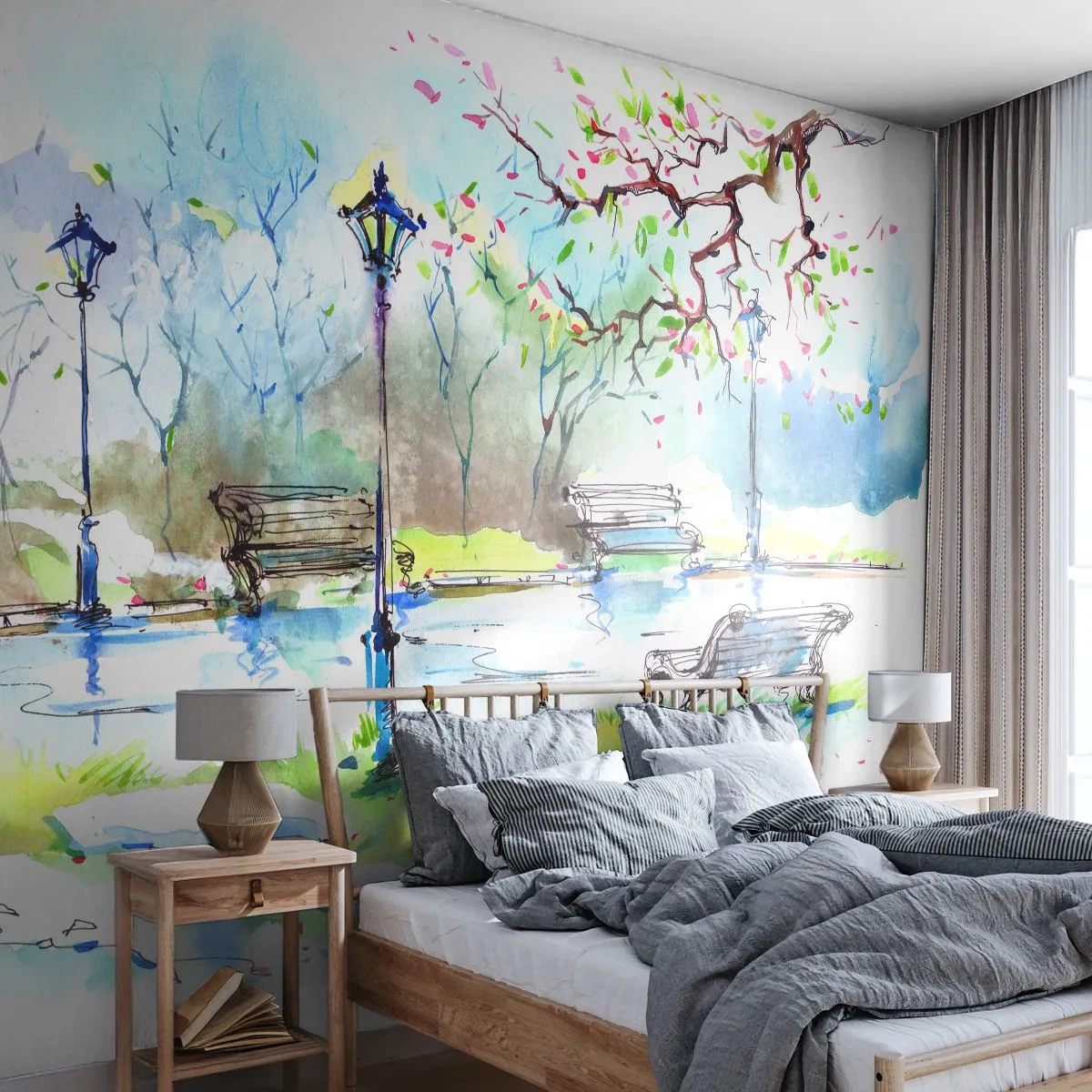 Fotomurali Premium Canvas - Scena di parco ad acquerello con panchine e lampade - 100x70cm - Il fascino del silenzio del parco - Decorazione murale moderna per soggiorno e camera da letto ARTTOR