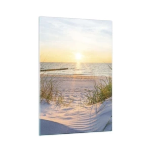 Quadro su vetro - Una spiaggia sabbiosa con vista sul tramonto sul mare - 70x100cm - Rumore del mare, uccelli che cantano, spiaggia selvatica tra i cespugli... - Decorazione murale moderna per soggiorno e camera da letto ARTTOR