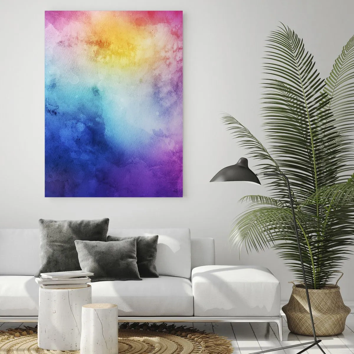 Quadro su vetro - Una composizione astratta nei toni pastello del rosa e del blu. - 70x100cm - Quasi al settimo cielo - Decorazione murale moderna per soggiorno e camera da letto ARTTOR