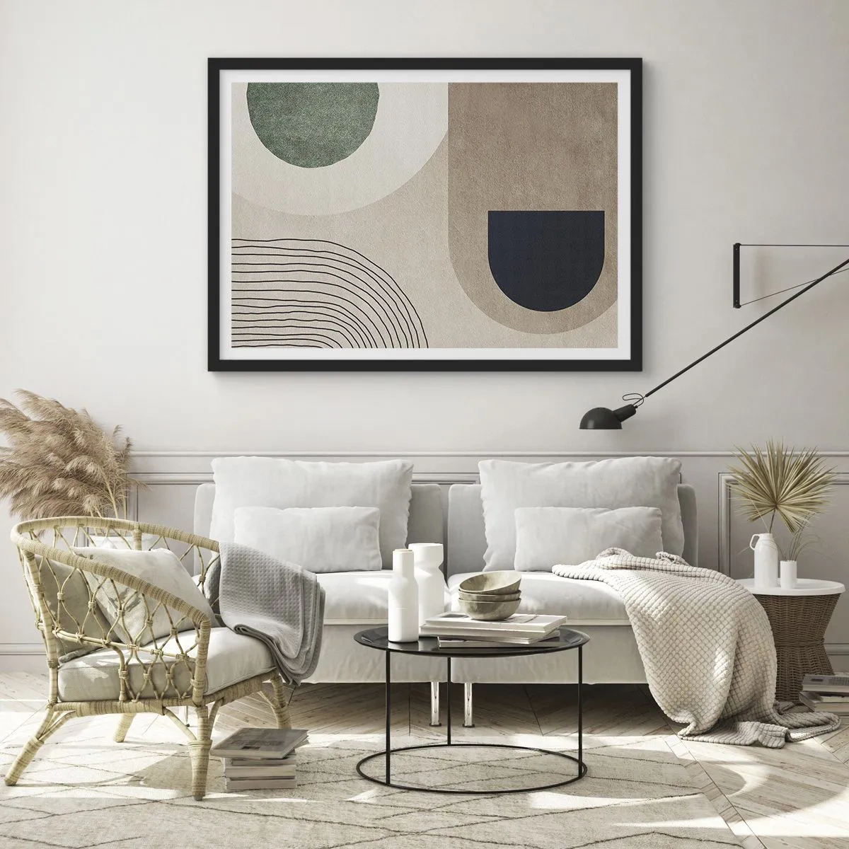 Poster in cornice nera - Forme geometriche nei toni del beige e del verde - 70x50cm - La mitezza dell'ovale - Decorazione murale moderna per soggiorno e camera da letto ARTTOR