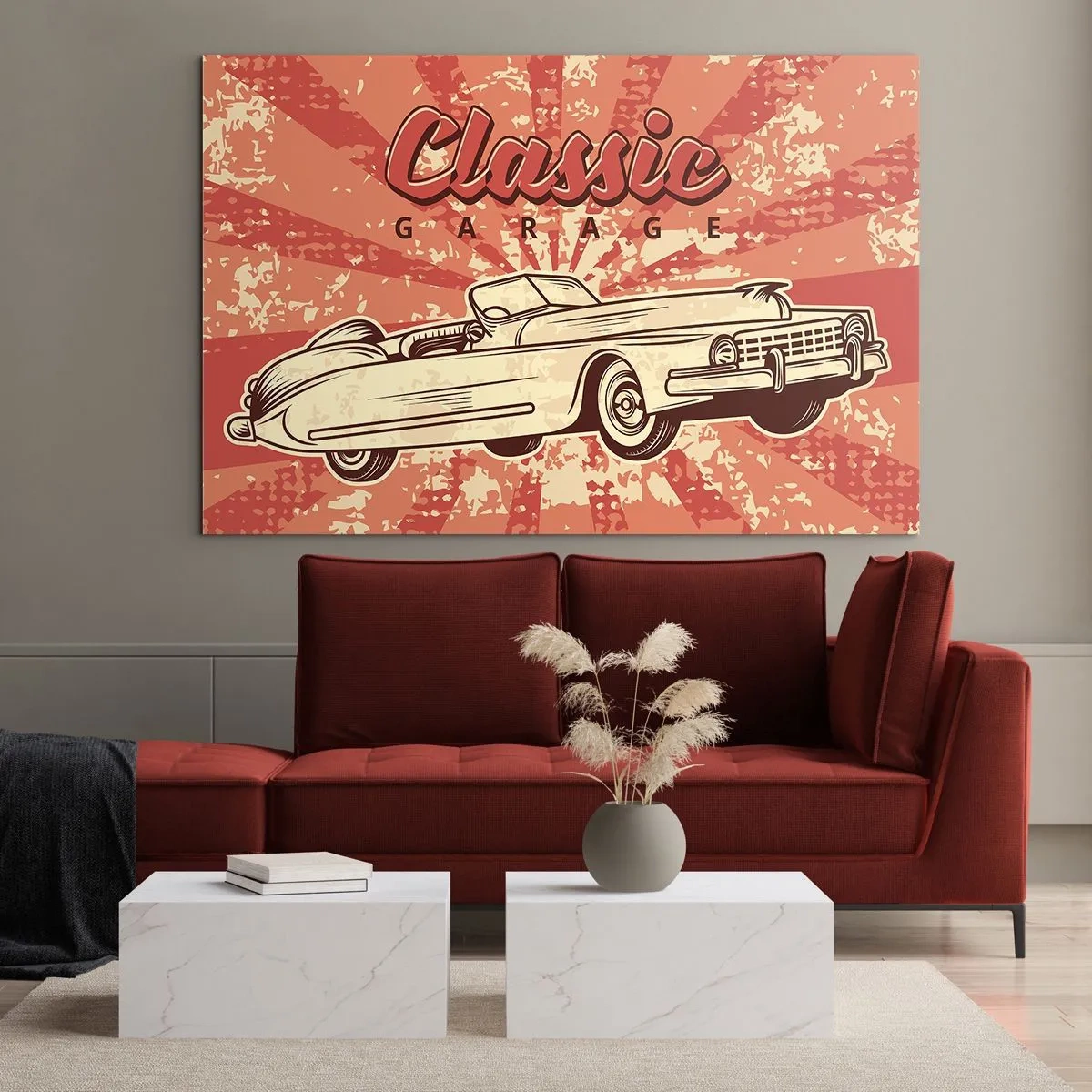 Quadro su vetro - Grafica retrò di un'auto d'epoca su uno sfondo di raggi - 70x50cm - E alla radio Elvis - Decorazione murale moderna per soggiorno e camera da letto ARTTOR