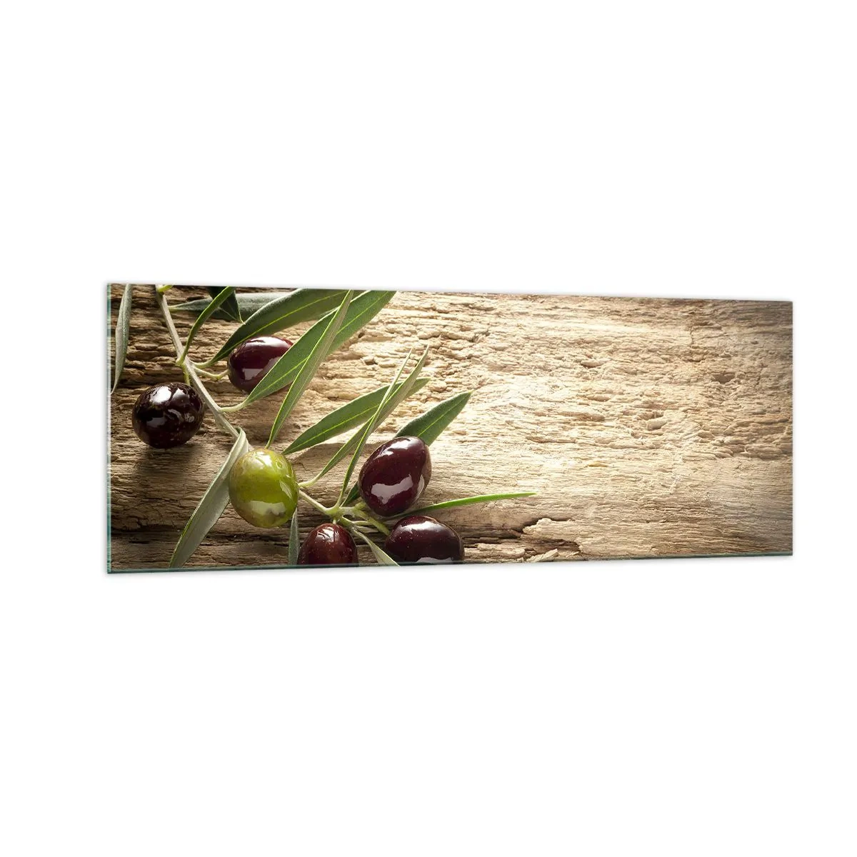 Quadro su vetro - Ramo d'ulivo con frutta su uno sfondo di legno invecchiato - 140x50cm - Direttamente dalla natura - Decorazione murale moderna per soggiorno e camera da letto ARTTOR