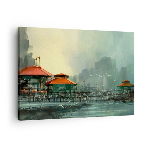 Quadro su tela - Stampe su Tela - Edifici portuali in uno scenario piovoso con gabbiani - 70x50cm - Giornata di pioggia al porto - Decorazione murale moderna per soggiorno e camera da letto ARTTOR