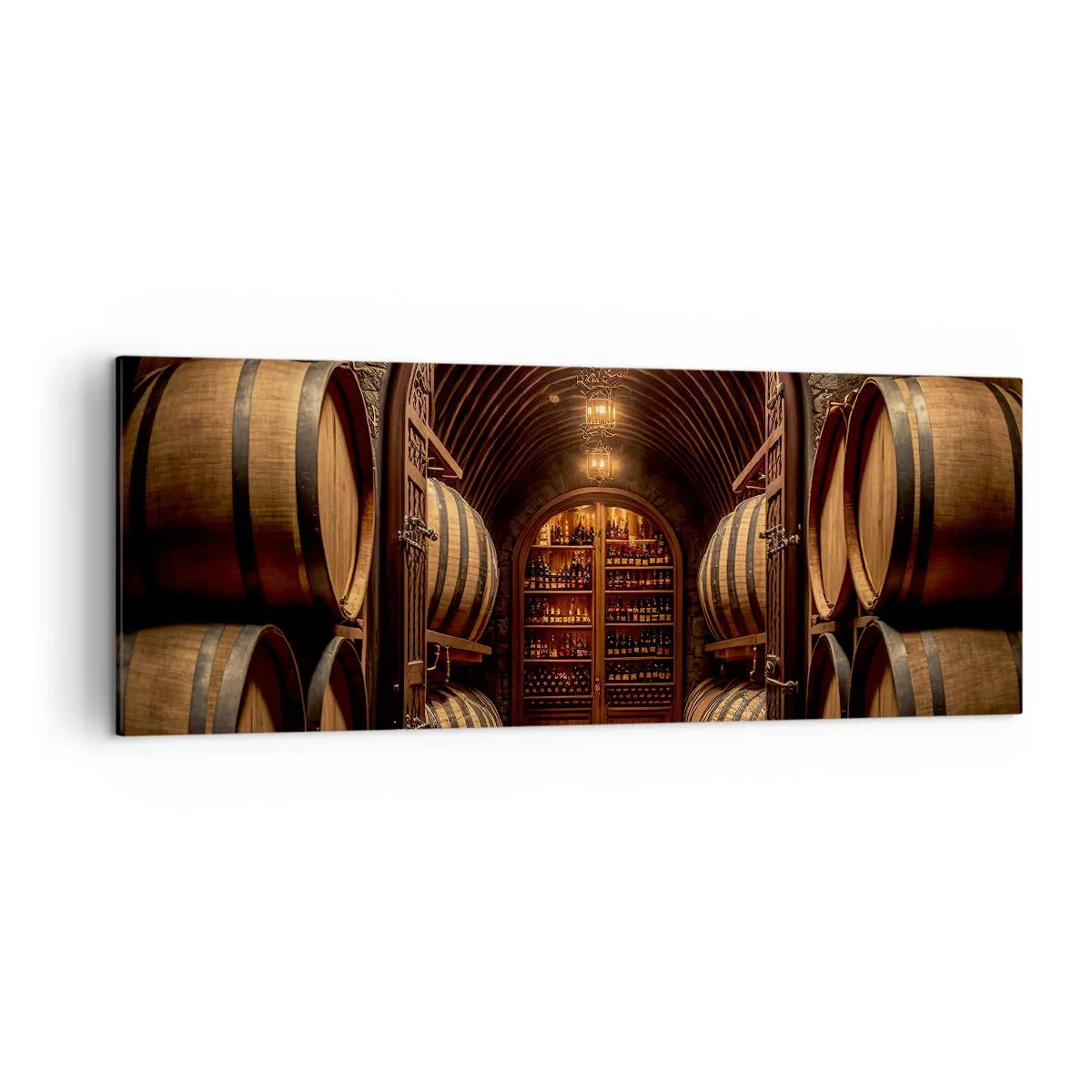 Quadro su tela - Stampe su Tela - Cantina con botti di legno e scaffali per il vino - 140x50cm - L'atmosfera della cantina - Decorazione murale moderna per soggiorno e camera da letto ARTTOR