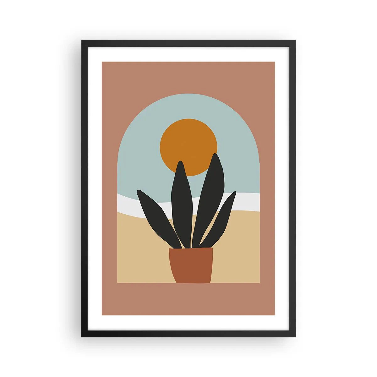 Poster in cornice nera - Una pianta in vaso davanti a un arco con un tramonto sullo sfondo - 50x70cm - Piccole gioie - Decorazione murale moderna per soggiorno e camera da letto ARTTOR
