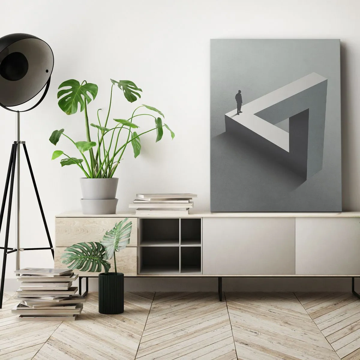 Quadro su tela - Stampe su Tela - Una figura in piedi su un triangolo di Penrose in tonalità di grigio. - 50x70cm - Eppure è possibile - Decorazione murale moderna per soggiorno e camera da letto ARTTOR