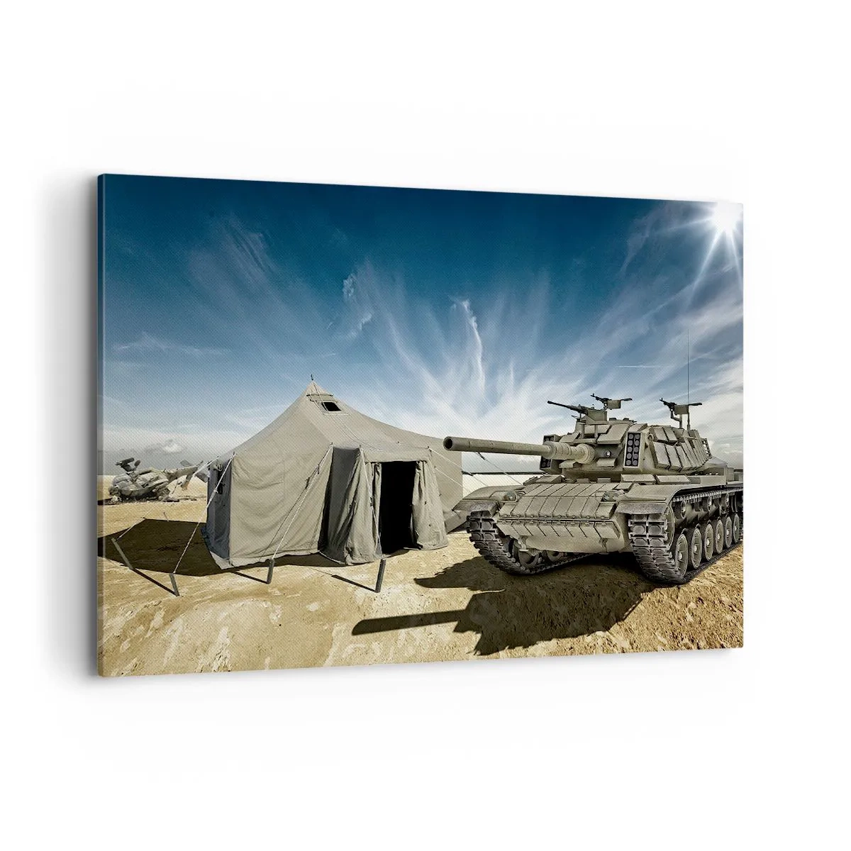 Quadro su tela - Stampe su Tela - Un carro armato accanto a una tenda militare in una zona desertica - 100x70cm - Sogno militare - Decorazione murale moderna per soggiorno e camera da letto ARTTOR