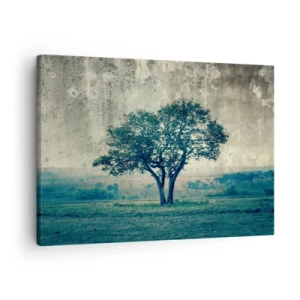 Quadro su tela - Stampe su Tela - Un albero solitario contro un paesaggio nebbioso - 70x50cm - Un melo su un prato blu? - Decorazione murale moderna per soggiorno e camera da letto ARTTOR
