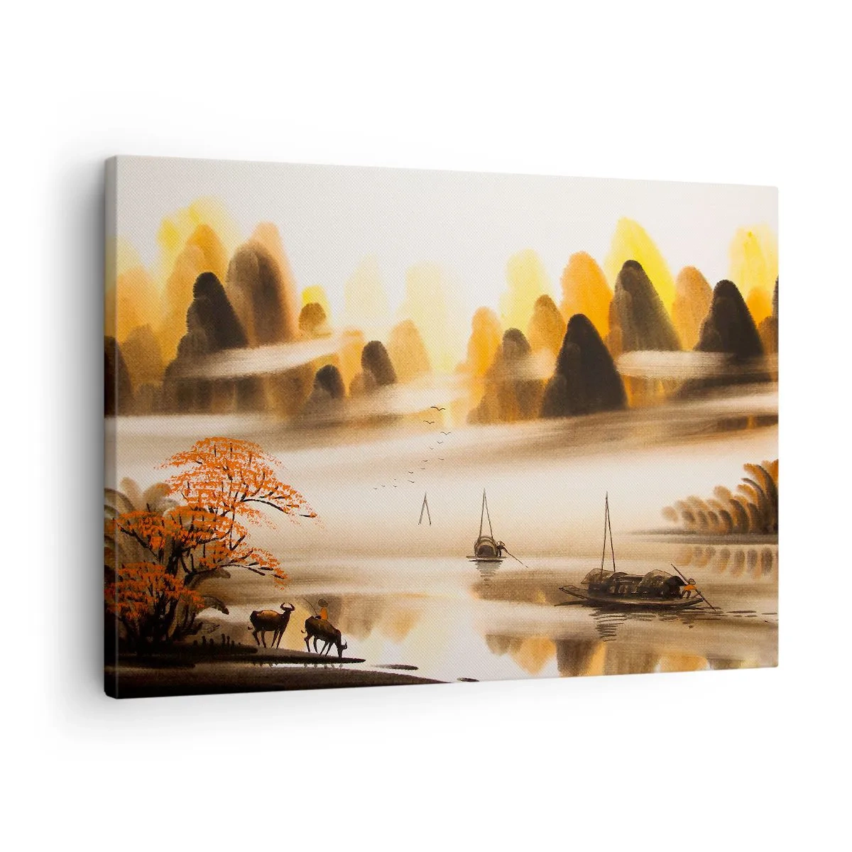 Quadro su tela - Stampe su Tela - Un paesaggio orientale con un fiume, montagne e una leggera nebbia. - 70x50cm - Oltre l'Estremo Oriente - Decorazione murale moderna per soggiorno e camera da letto ARTTOR