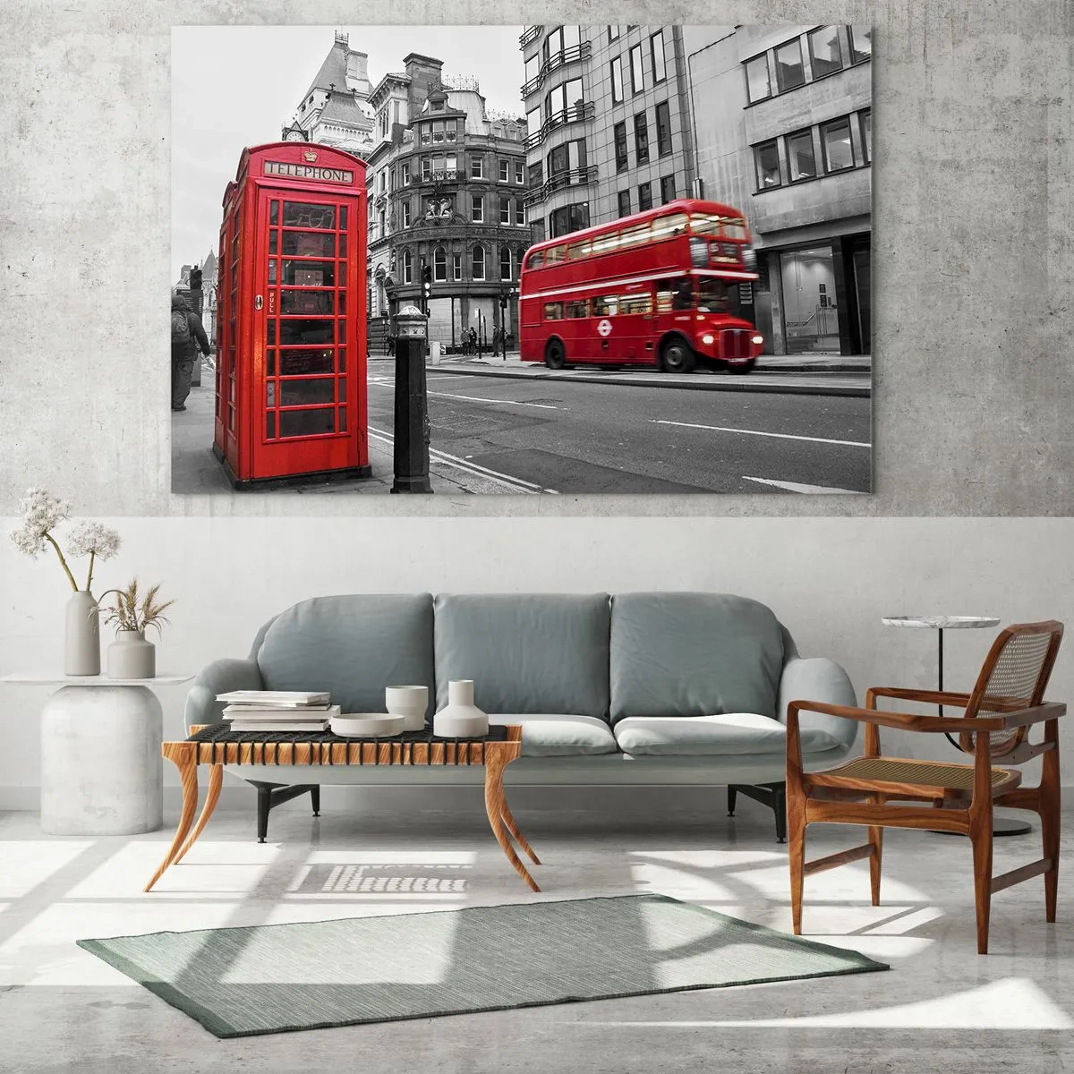 Quadro su vetro - Cabina telefonica rossa e autobus a Londra - 120x80cm - Il più rosso d'Europa - Decorazione murale moderna per soggiorno e camera da letto ARTTOR