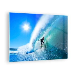 Quadro su vetro - Surfista su un'onda in una giornata di sole - 70x50cm - Attraverso il grande blu - Decorazione murale moderna per soggiorno e camera da letto ARTTOR