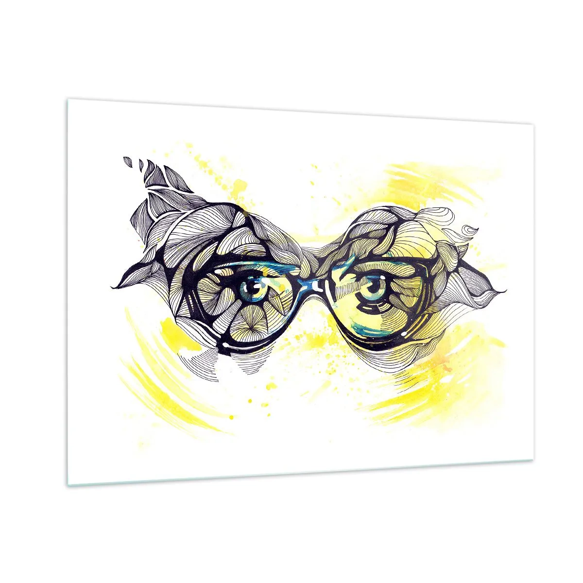 Quadro su vetro - Occhiali con motivi artistici e occhi su uno sfondo giallo - 100x70cm - Attraverso gli occhiali blu - Decorazione murale moderna per soggiorno e camera da letto ARTTOR
