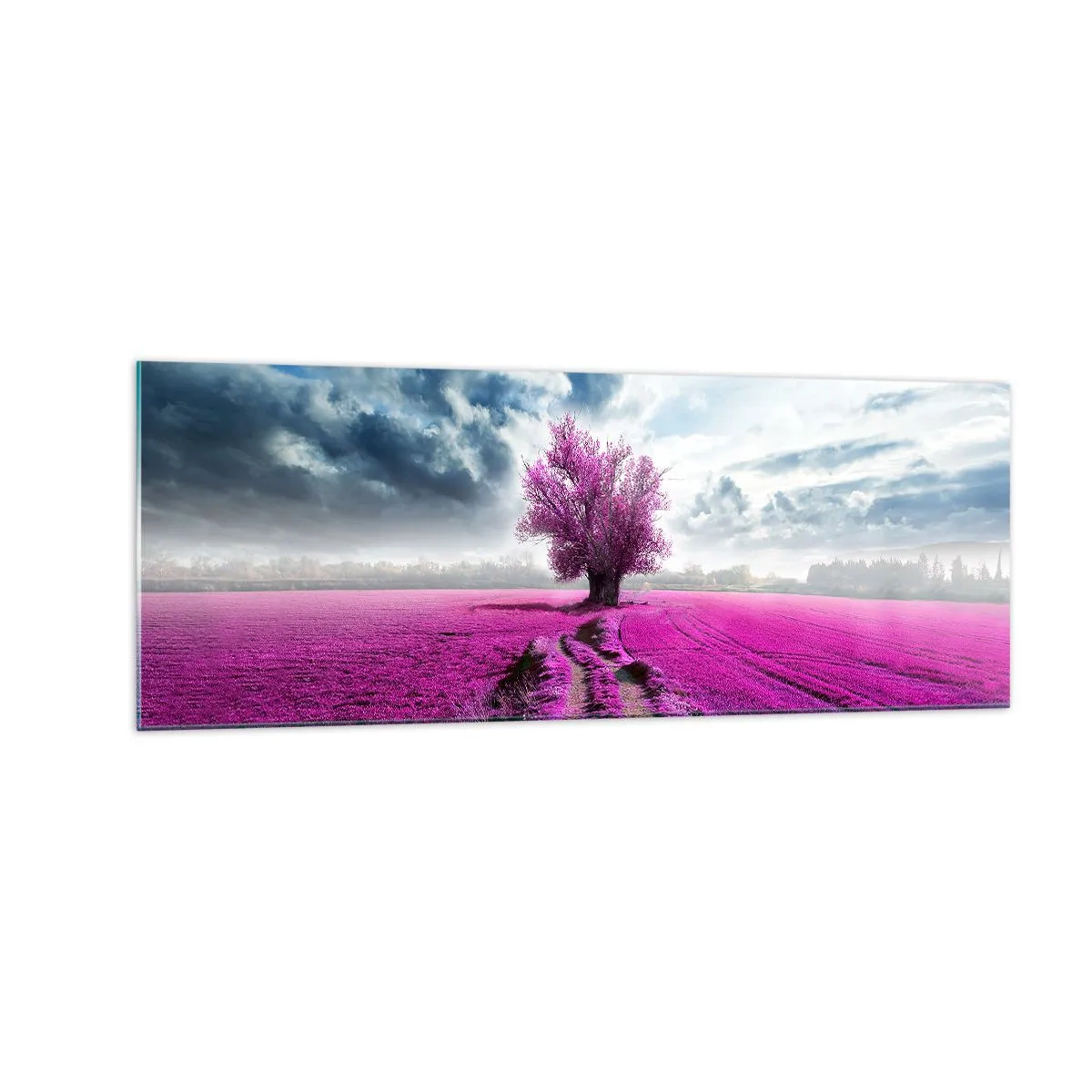 Quadro su vetro - Un albero solitario in un campo in una tonalità di rosa intenso - 140x50cm - Brughiera selvatica - Decorazione murale moderna per soggiorno e camera da letto ARTTOR