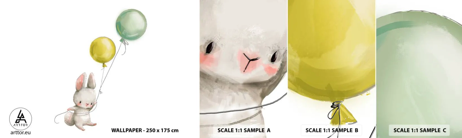 Campione Di Fotomurale Standard Eco - Volo anch'io! - Per bambini, Coniglio, Palloncini colorati - 100x30 cm