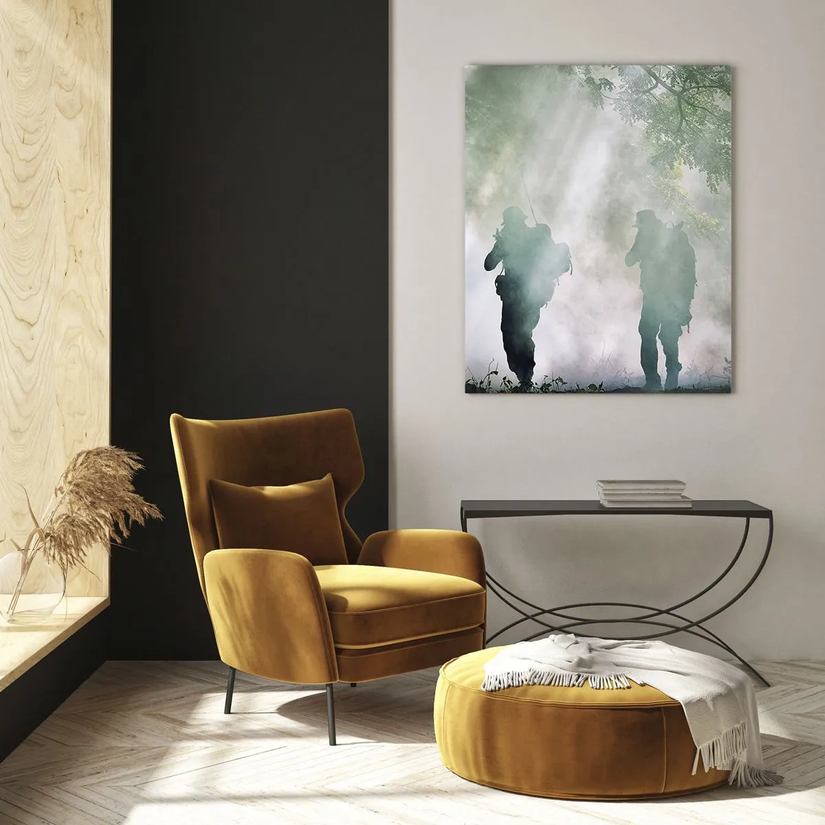 Quadro su vetro - Sagome di soldati in una foresta circondata dalla nebbia - 70x100cm - Uno per tutti… - Decorazione murale moderna per soggiorno e camera da letto ARTTOR
