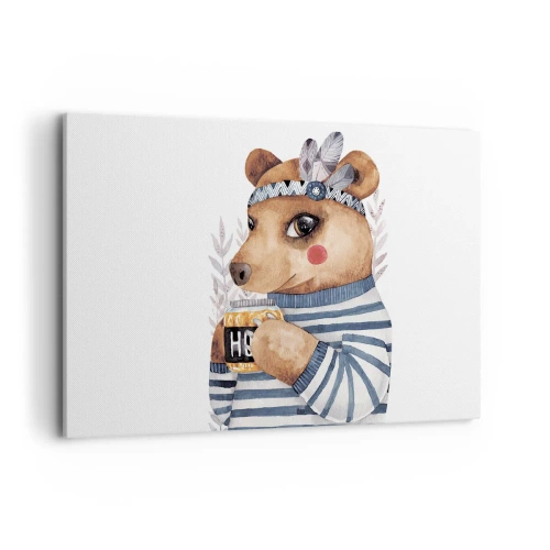 Quadro su tela - Stampe su Tela - Un orsacchiotto con un maglione a righe con una tazza di miele - 120x80cm - Dolce orsetto - Decorazione murale moderna per soggiorno e camera da letto ARTTOR