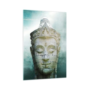 Quadro su vetro - Statua del Buddha con una leggera nebbia su uno sfondo verde - 70x100cm - Cercando la luce - Decorazione murale moderna per soggiorno e camera da letto ARTTOR