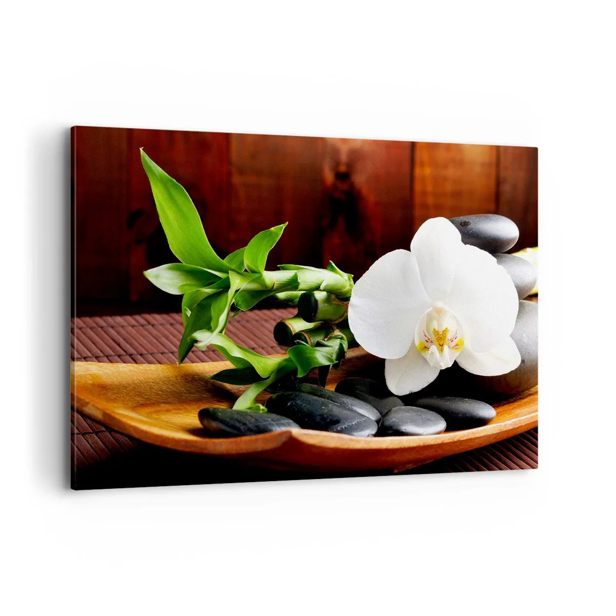 Quadro su tela - Stampe su Tela - Orchidea bianca con bambù su sfondo di pietra in stile Zen - 120x80cm - Lasciati toccare dalla natura - Decorazione murale moderna per soggiorno e camera da letto ARTTOR