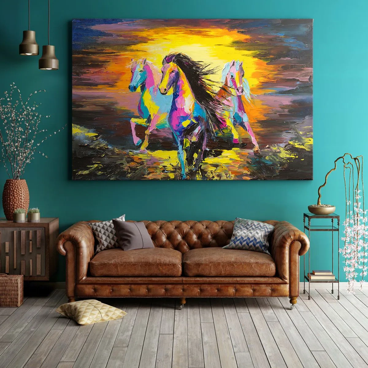 Quadro su tela - Stampe su Tela - Cavalli colorati al galoppo sullo sfondo del sole al tramonto - 120x80cm - Immersi nell'arcobaleno - Decorazione murale moderna per soggiorno e camera da letto ARTTOR