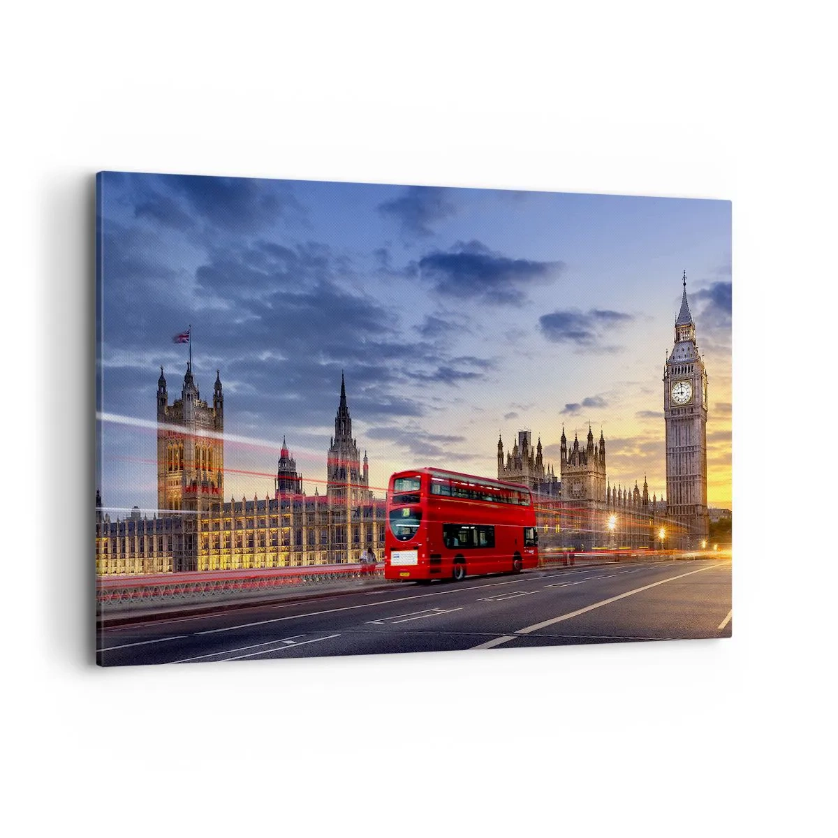 Quadro su tela - Stampe su Tela - Un autobus rosso con il Big Ben e il Parlamento sullo sfondo al tramonto. - 120x80cm - Segni particolari - Decorazione murale moderna per soggiorno e camera da letto ARTTOR
