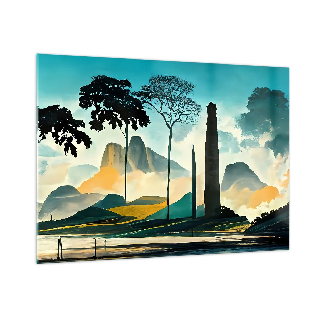 Quadro su vetro - Un paesaggio fantastico con montagne, alberi e una roccia imponente - 100x70cm - Sempre più in alto - Decorazione murale moderna per soggiorno e camera da letto ARTTOR