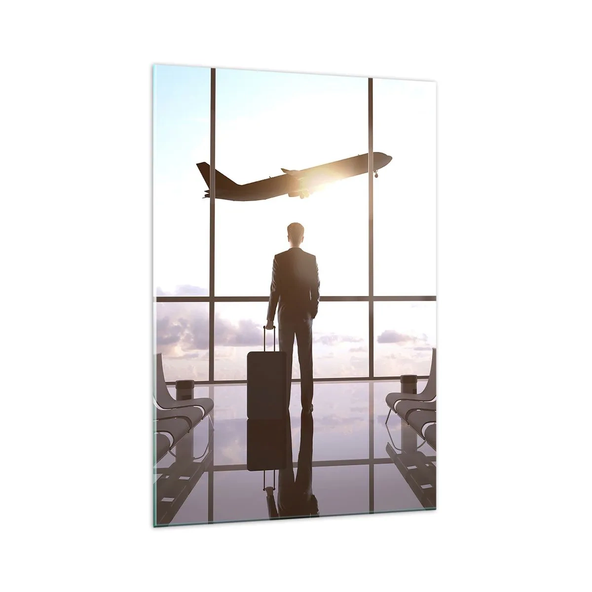 Quadro su vetro - Uomo d'affari all'aeroporto con un aereo sullo sfondo - 70x100cm - Hai tempo, rallenta - Decorazione murale moderna per soggiorno e camera da letto ARTTOR