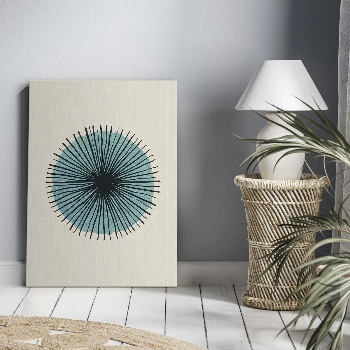 Quadro su tela - Stampe su Tela - Forma circolare astratta con raggi blu - 50x70cm - Radiosamente nel blu - Decorazione murale moderna per soggiorno e camera da letto ARTTOR