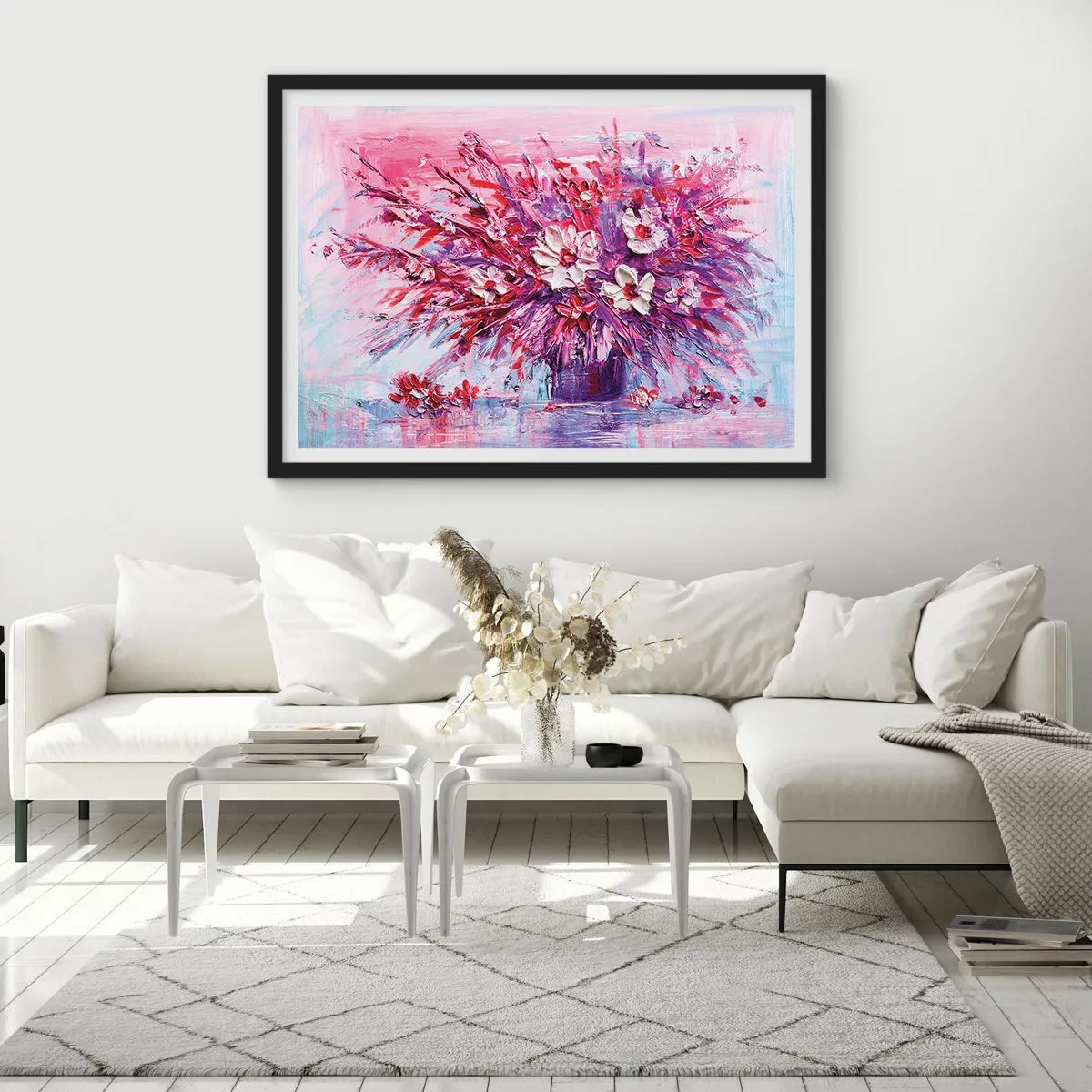 Poster in cornice nera - Un colorato bouquet di fiori nelle tonalità del rosa e del viola - 100x70cm - Innocenza e passione - Decorazione murale moderna per soggiorno e camera da letto ARTTOR