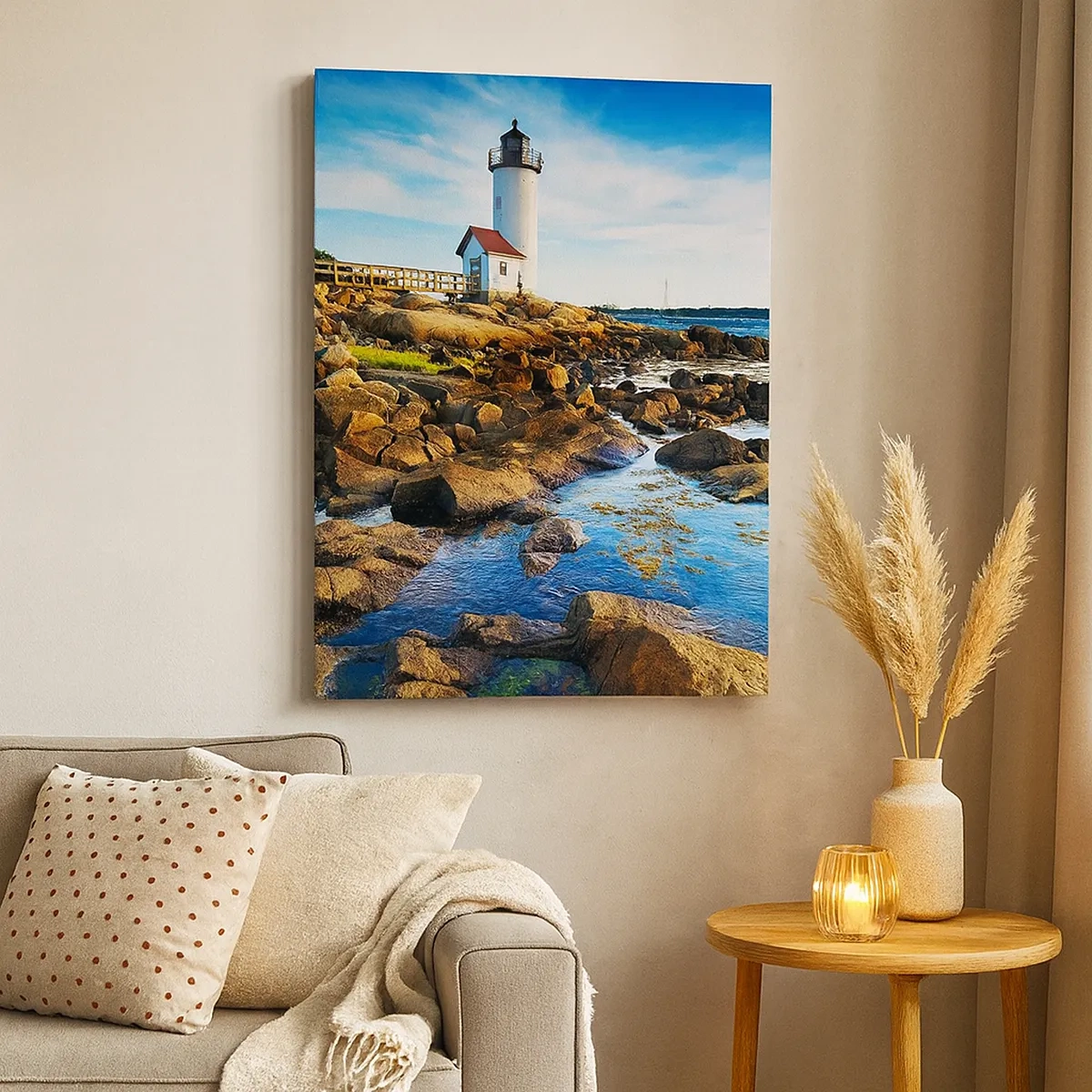 Quadro su tela - Stampe su Tela - Un faro su una costa rocciosa in una giornata di sole - 50x70cm - Tornate sani e salvi, vi aspetto - Decorazione murale moderna per soggiorno e camera da letto ARTTOR