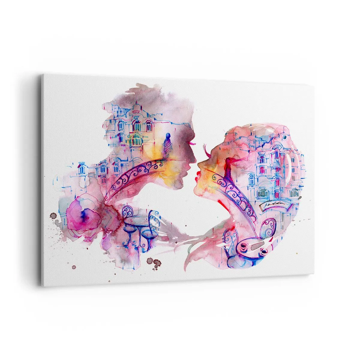 Quadro su tela - Stampe su Tela - Un acquerello romantico che raffigura le sagome degli innamorati - 100x70cm - Misterioso ponte dei sospiri - Decorazione murale moderna per soggiorno e camera da letto ARTTOR