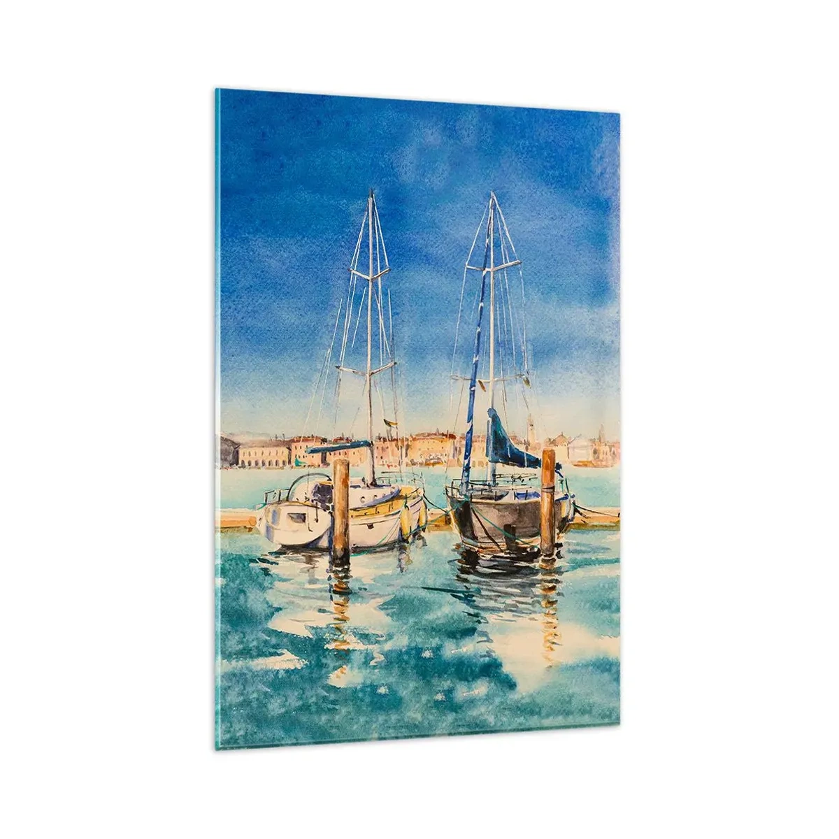 Quadro su vetro - Marina con barche sullo sfondo di una laguna blu - 80x120cm - La laguna assolata - Decorazione murale moderna per soggiorno e camera da letto ARTTOR