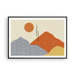 Poster in cornice nera - Motivi giapponesi con montagne, sole e stile minimalista - 100x70cm - Spirito giapponese - Decorazione murale moderna per soggiorno e camera da letto ARTTOR